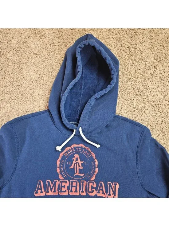 American Eagle Sweatshirt Mens M Blue Pullover Hoodie Logo Athletic Fit Casual - Picture 3 of 12
